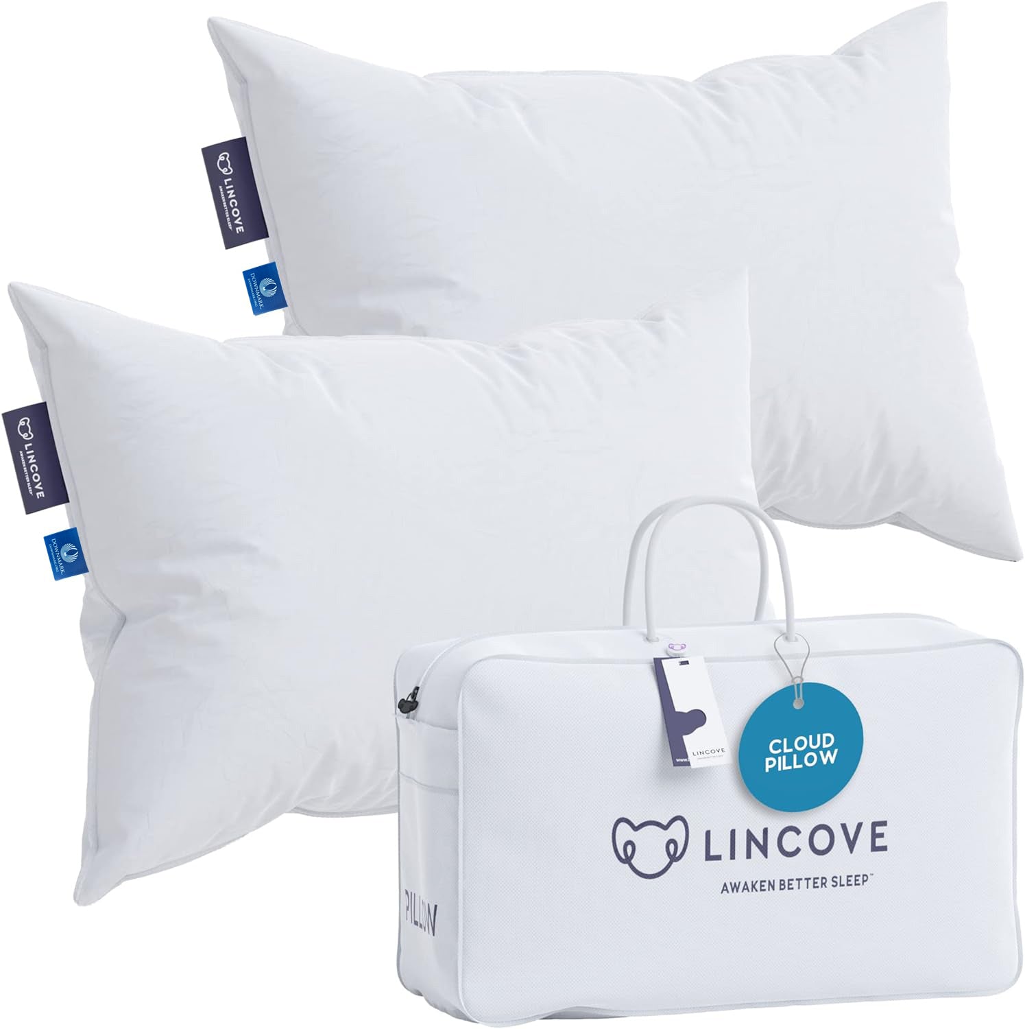 Lincove Cloud Canadian Down Luxury Sleeping Pillow - 625 Fill Power, 500 Thread Count Cotton Sateen Shell, Standard - Soft, 2 Pack