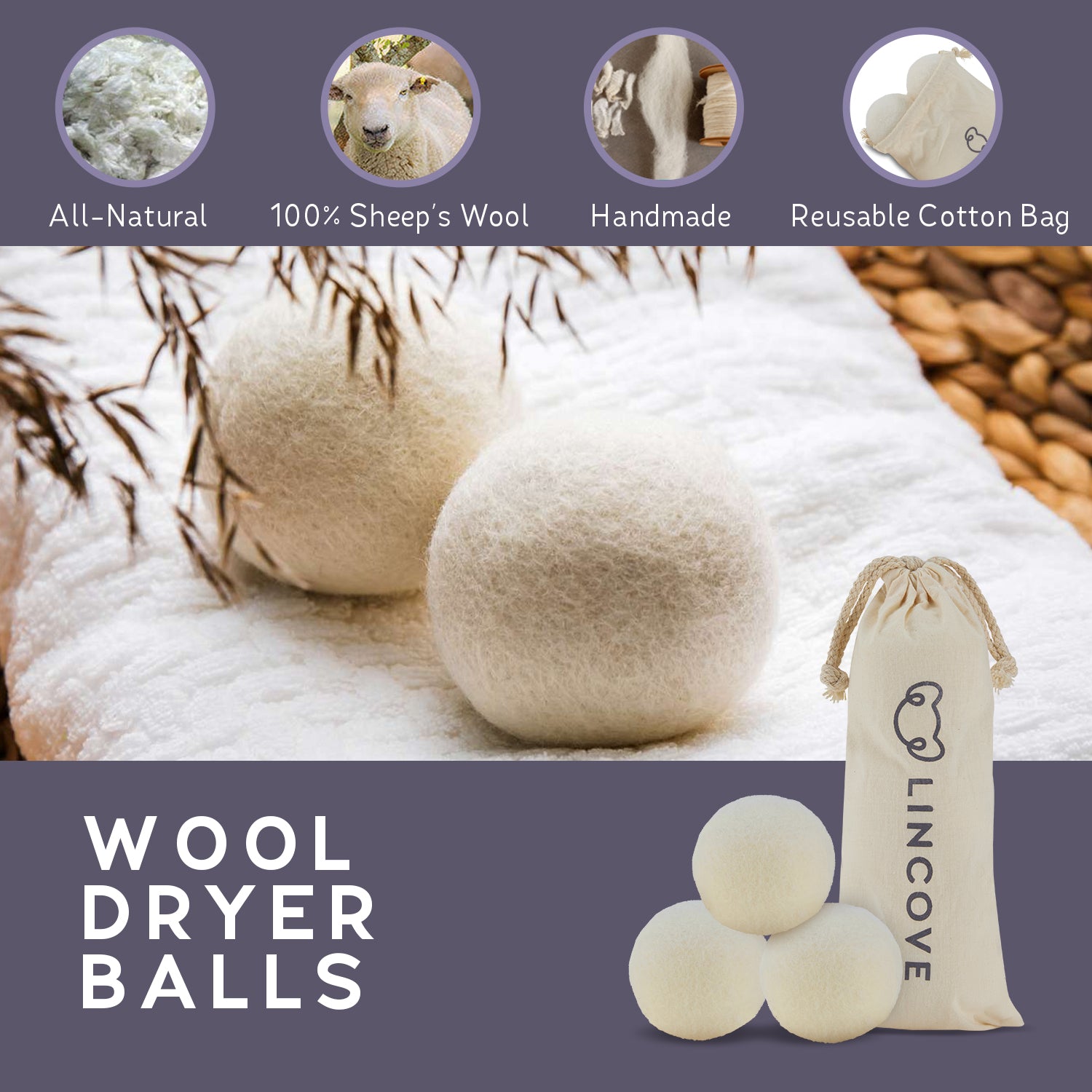 3-Pack XL Organic Wool Dryer Balls - 100% New Zealand Wool, Natural Fabric Softener